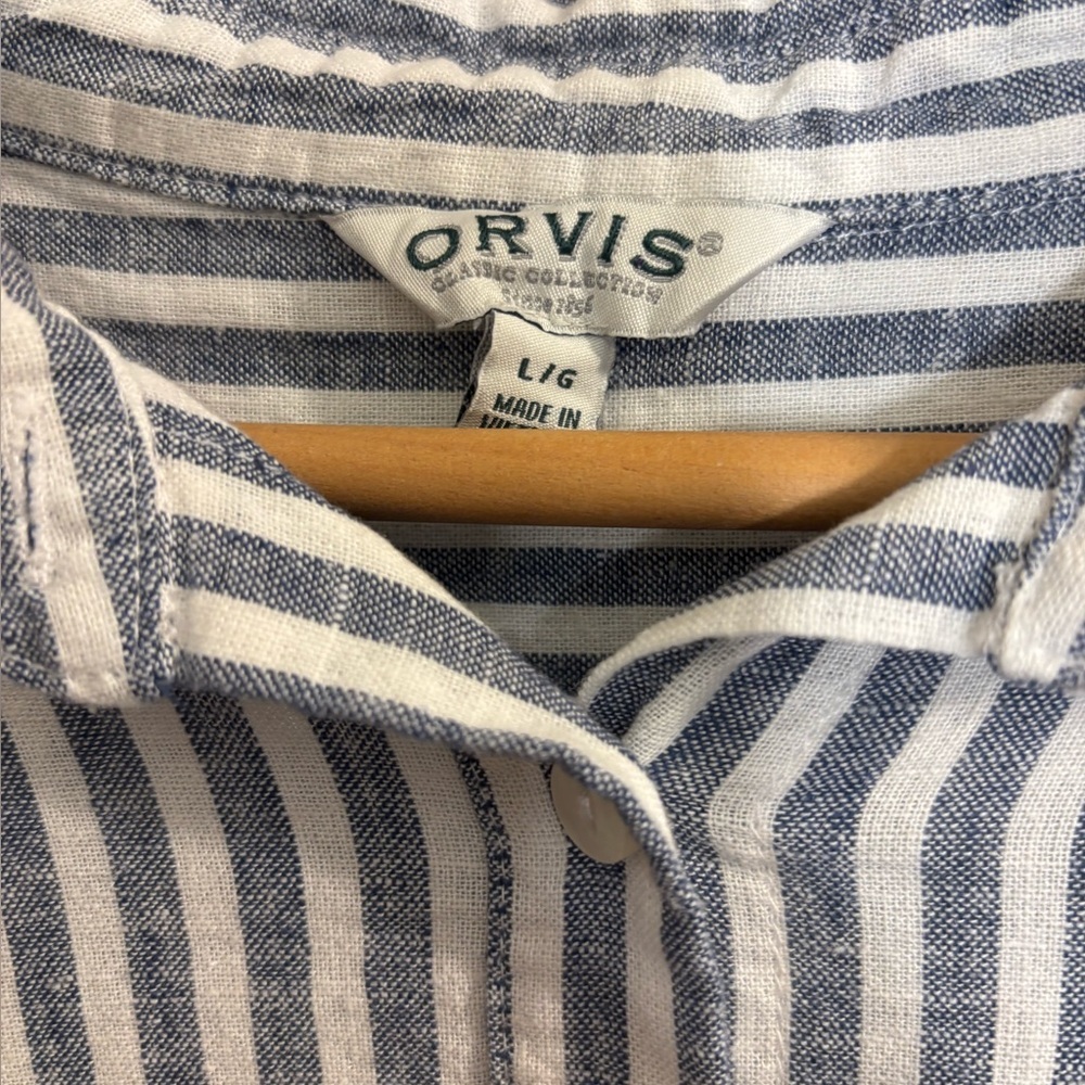 Orvis blue & white striped cap sleeve button up linen blend top - Picture 2 of 4